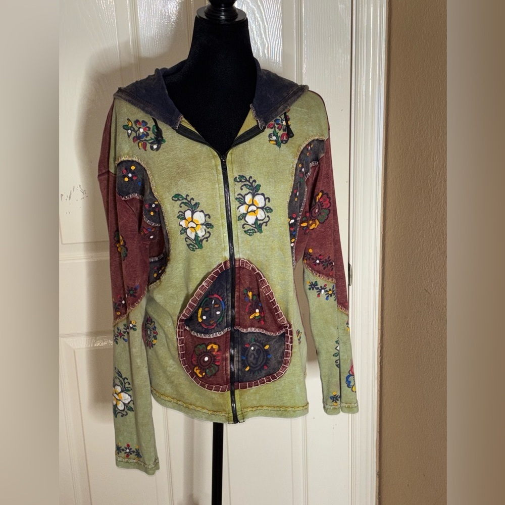 Rising International Boho Patchwork Hippie Zip Up Hoodie Jacket Nepal Size L​​ - Picture 5 of 10